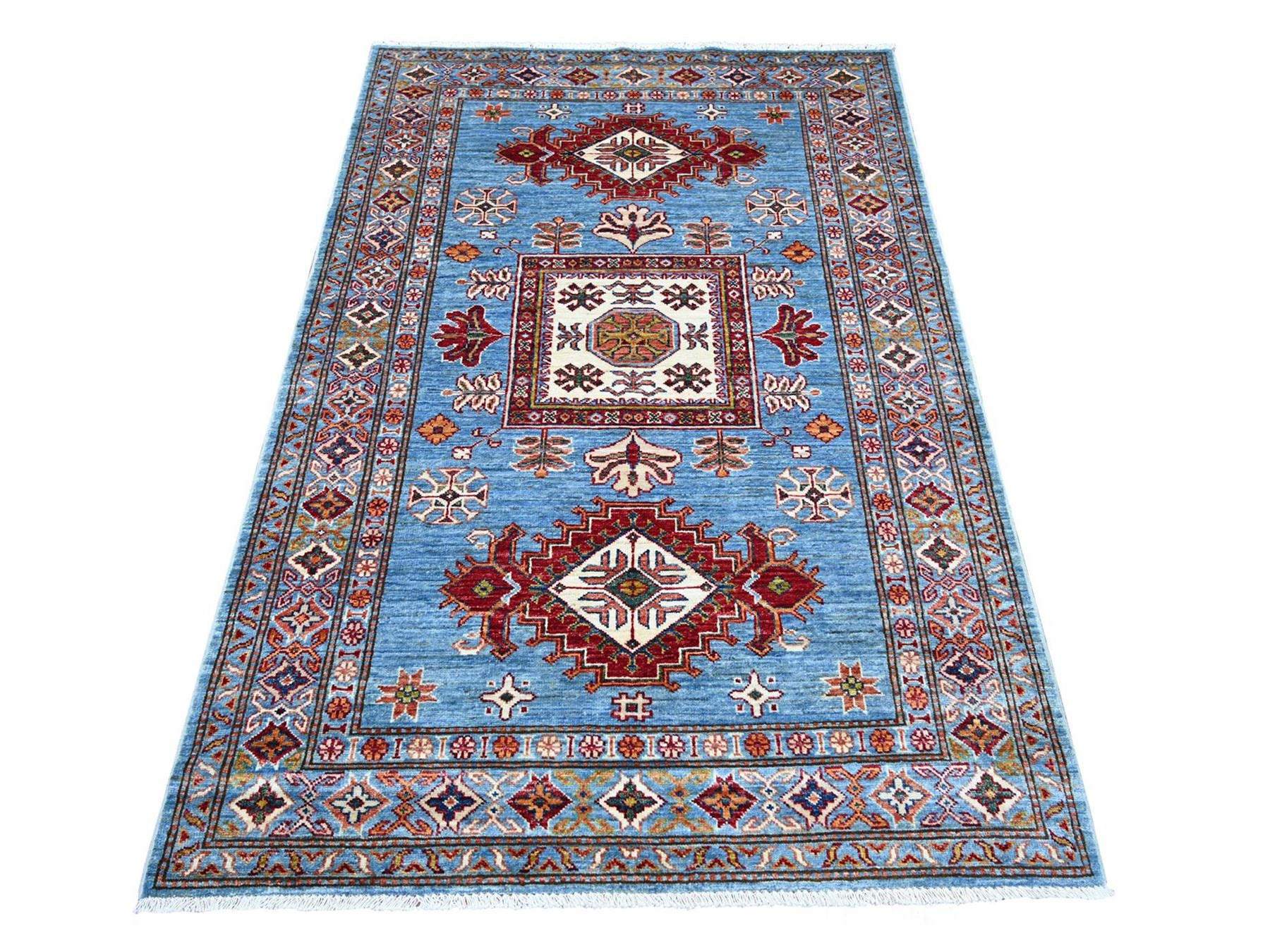 Blue 4'1" x 6'0" Tribal & Geometric Hand knotted Wool Rug - Sku: O021968