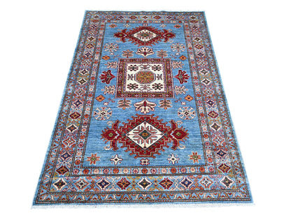 Blue 4'1" x 6'0" Tribal & Geometric Hand knotted Wool Rug - Sku: O021968