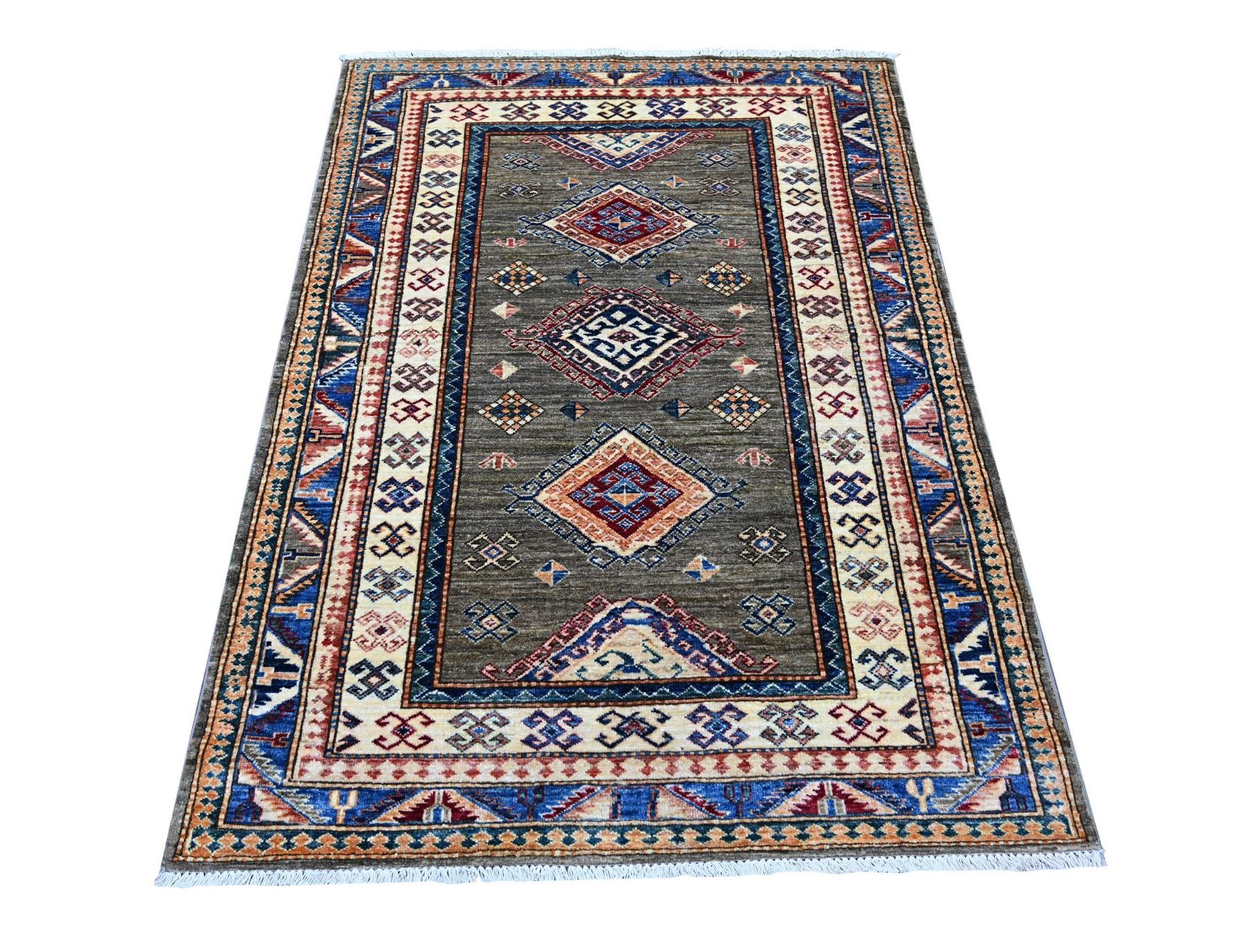 Kazak Tribal & Geometric hand-knotted wool rug in Gray & Blue, 4' x 5'5" — SKU O021969