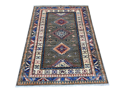 Kazak Tribal & Geometric hand-knotted wool rug in Gray & Blue, 4' x 5'5" — SKU O021969