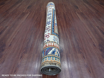 Kazak Tribal & Geometric hand-knotted wool rug in Gray & Blue, 4' x 5'5" — SKU O021969 (view 4)