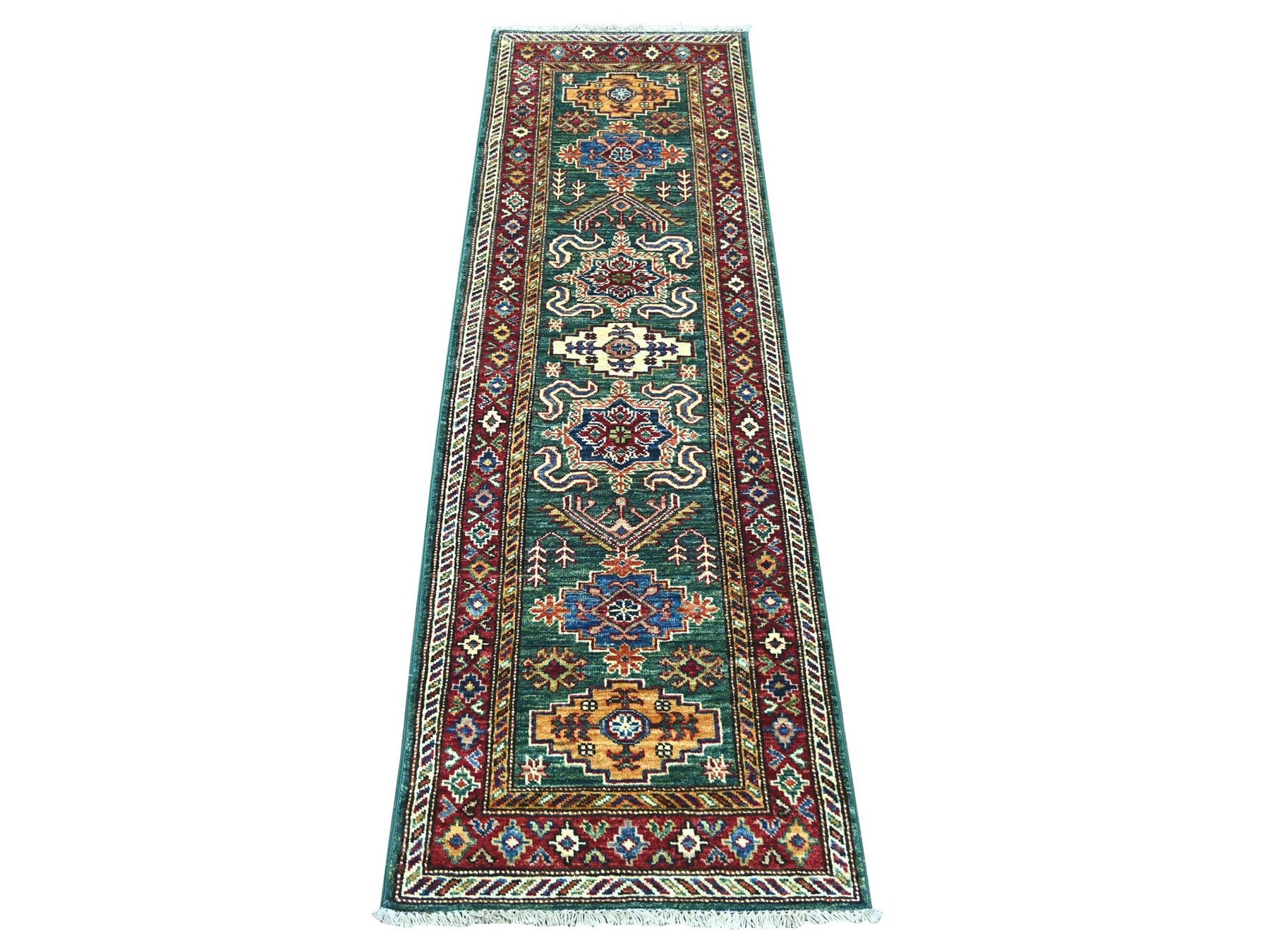 Green 1'11" x 6'0" Tribal & Geometric Hand knotted Wool Rug - Sku: O021971