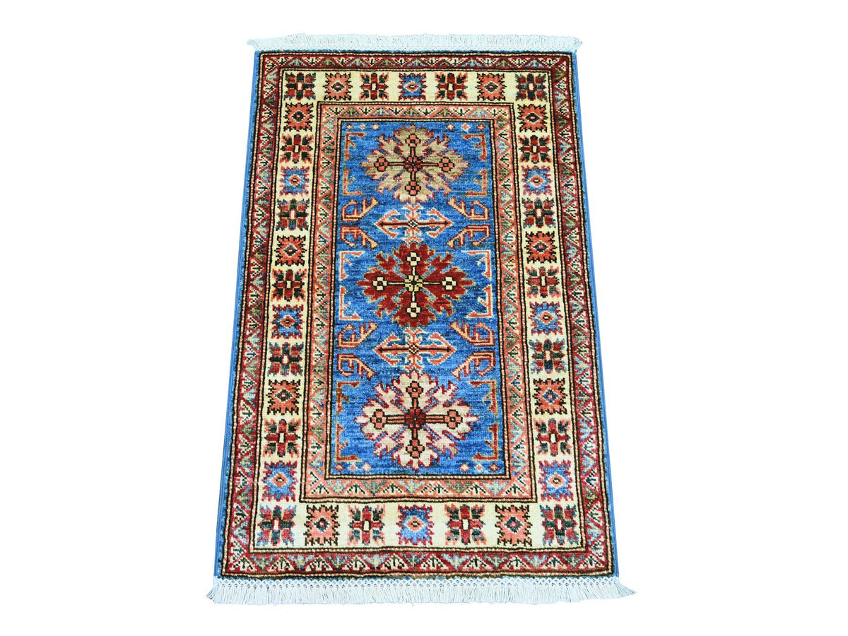 Kazak Tribal & Geometric hand-knotted wool rug in Blue & Ivory, 1'11" x 3' — SKU O021974