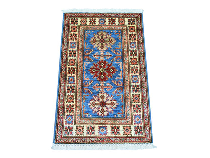 Kazak Tribal & Geometric hand-knotted wool rug in Blue & Ivory, 1'11" x 3' — SKU O021974