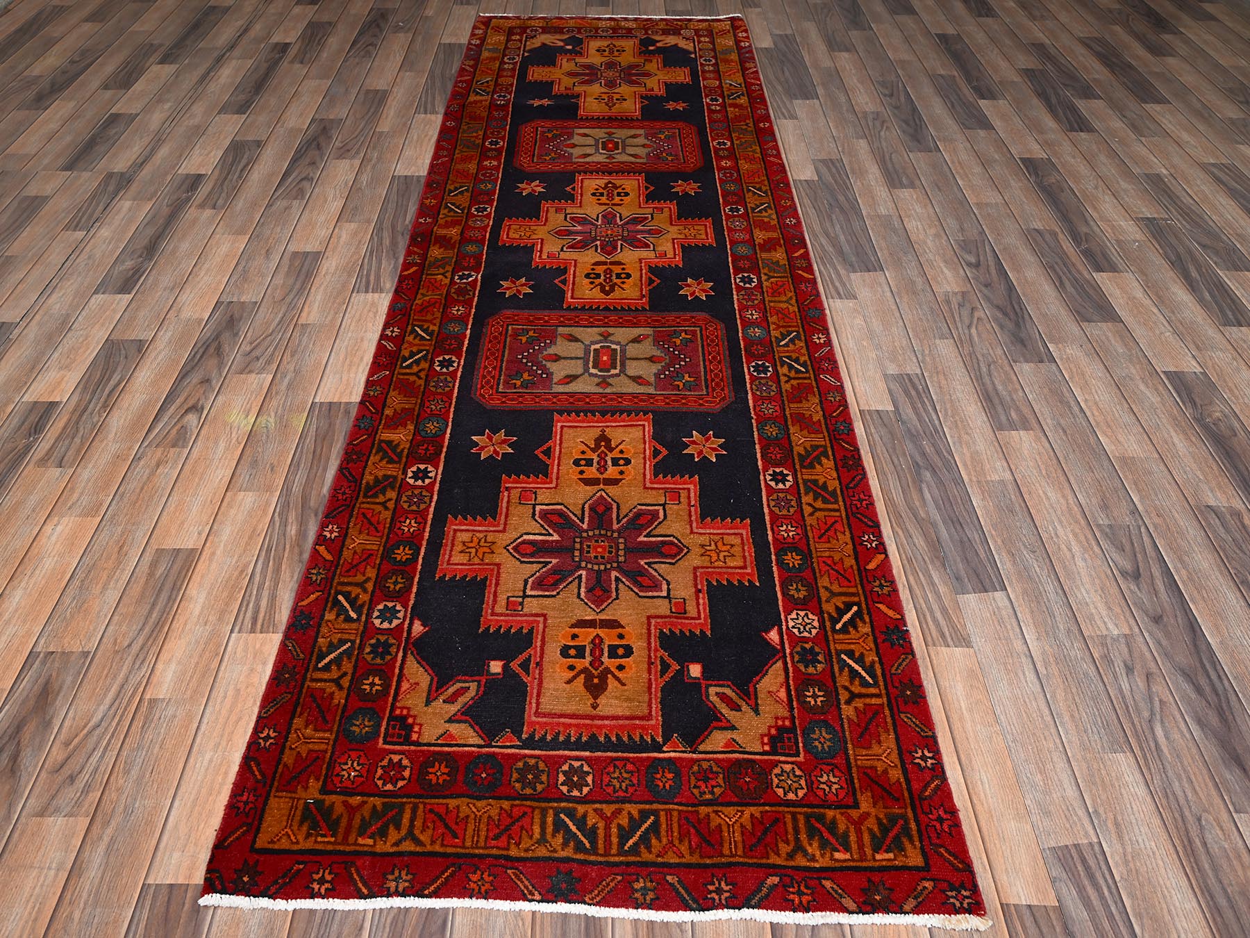 Black 3'2" x 10'7" Vintage Hand knotted Wool Rug - Sku: O02197