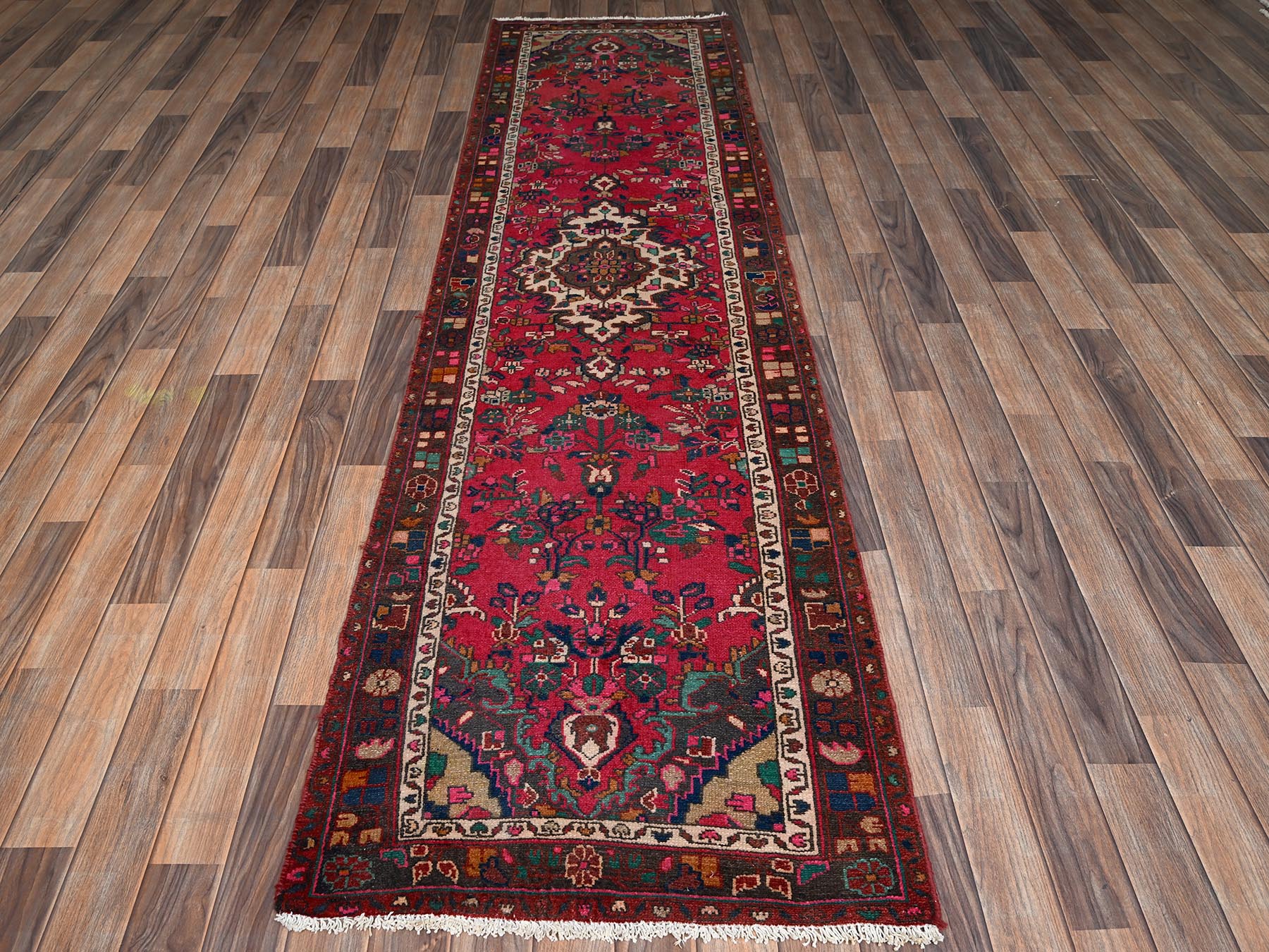 Vintage hand-knotted wool runner in Red & Brown, 2'7" x 9'8" — SKU O02198 (view 2)