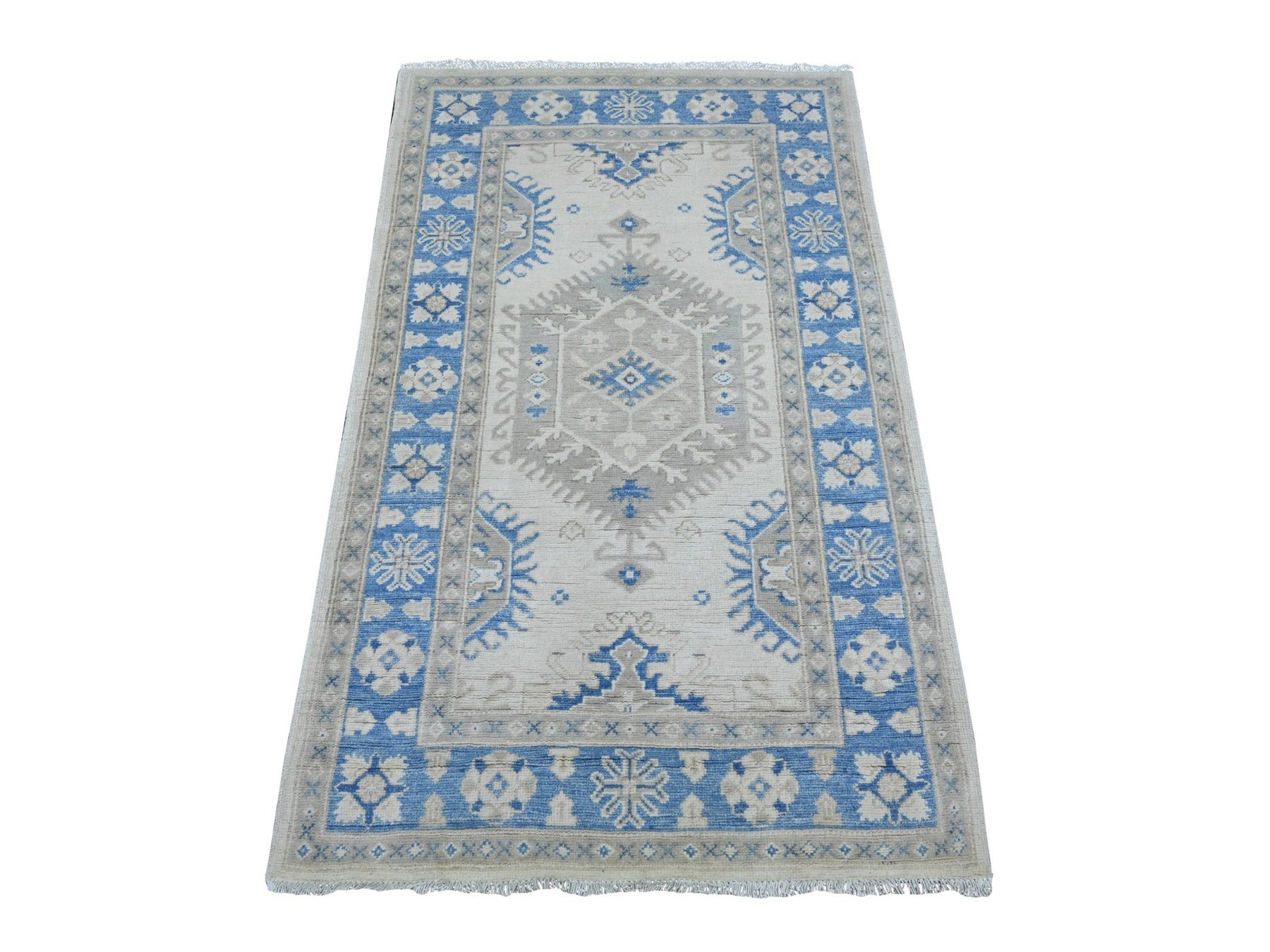 Kazak Kazak hand-knotted wool rug in Ivory & Blue, 3' x 4'10" — SKU O021990