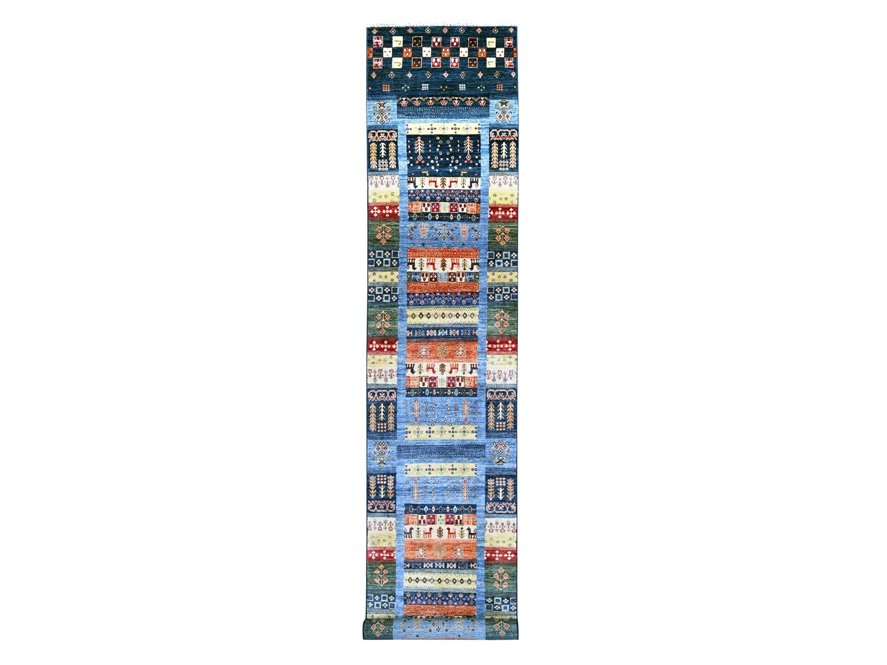 Gabbeh Tribal & Geometric hand-knotted wool runner in Blue, 2'8" x 16' — SKU O021996