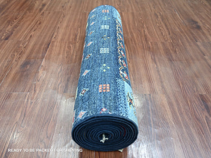 Blue 2'8" x 16'0" Tribal & Geometric Hand knotted Wool Rug - Sku: O021996
