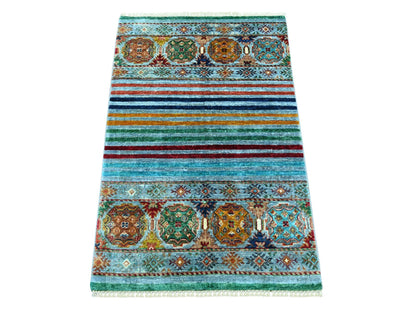 Blue 2'7" x 3'11" Tribal & Geometric Hand knotted Wool Rug - Sku: O021998