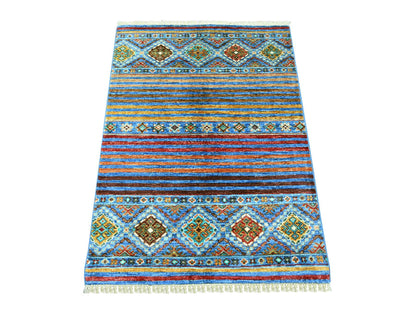 Blue 2'10" x 3'10" Tribal & Geometric Hand knotted Wool Rug - Sku: O022001