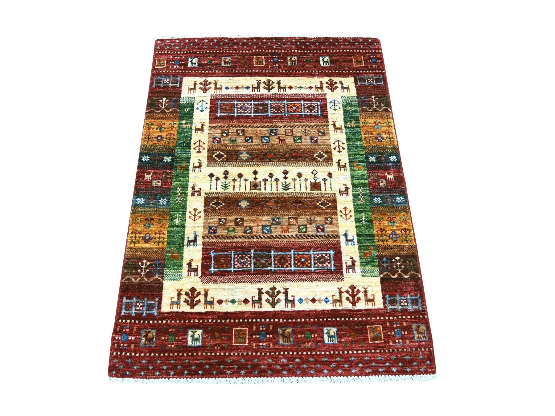 Gabbeh Tribal & Geometric hand-knotted wool rug in Red, 2'11" x 4'1" — SKU O022002