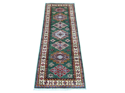 Green 2'0" x 5'8" Tribal & Geometric Hand knotted Wool Rug - Sku: O022007