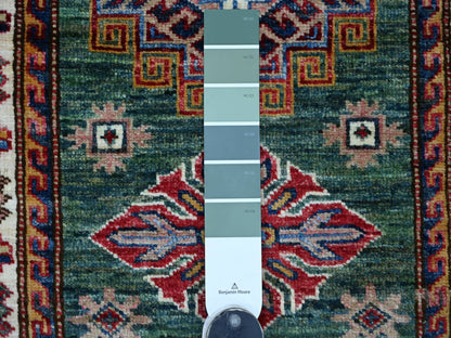 Green 2'0" x 5'8" Tribal & Geometric Hand knotted Wool Rug - Sku: O022007