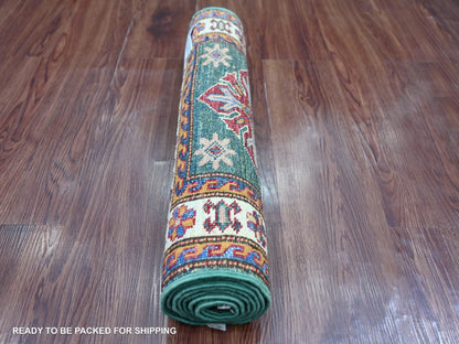 Green 2'0" x 5'8" Tribal & Geometric Hand knotted Wool Rug - Sku: O022007