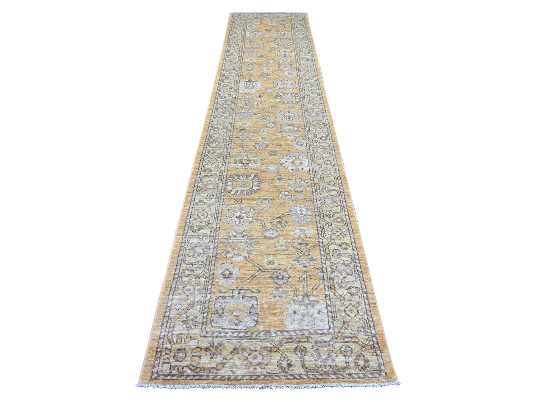 Brown 2'11" x 13'6" Oushak And Peshawar Hand knotted Wool Rug - Sku: O022030