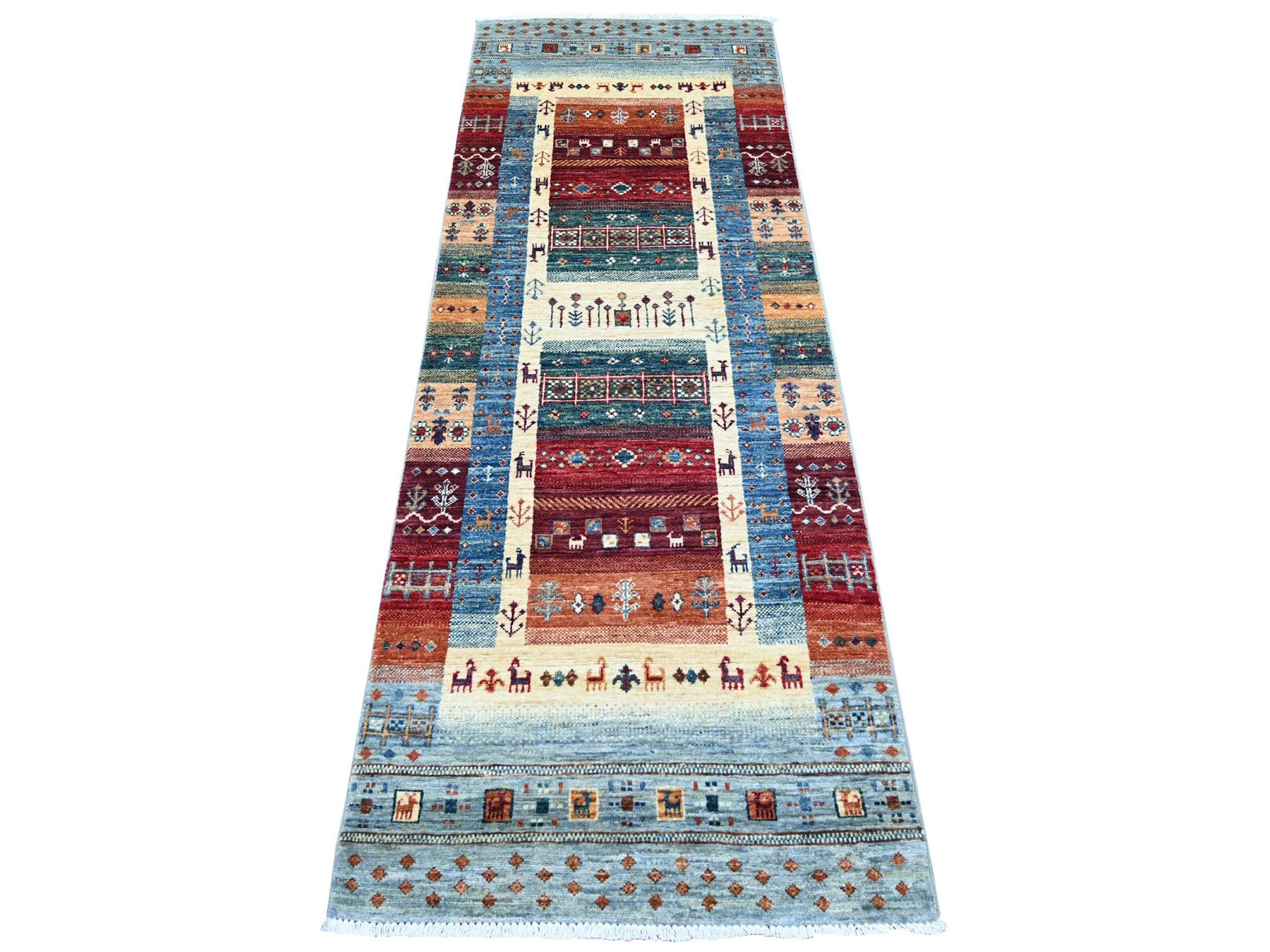 Blue 2'6" x 7'1" Tribal & Geometric Hand knotted Wool Rug - Sku: O022036