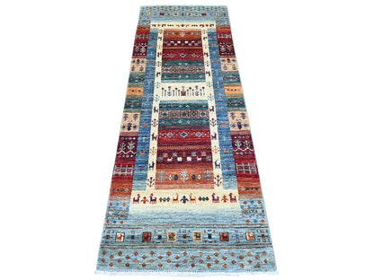 Blue 2'6" x 7'1" Tribal & Geometric Hand knotted Wool Rug - Sku: O022036