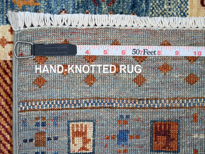 Blue 2'6" x 7'1" Tribal & Geometric Hand knotted Wool Rug - Sku: O022036