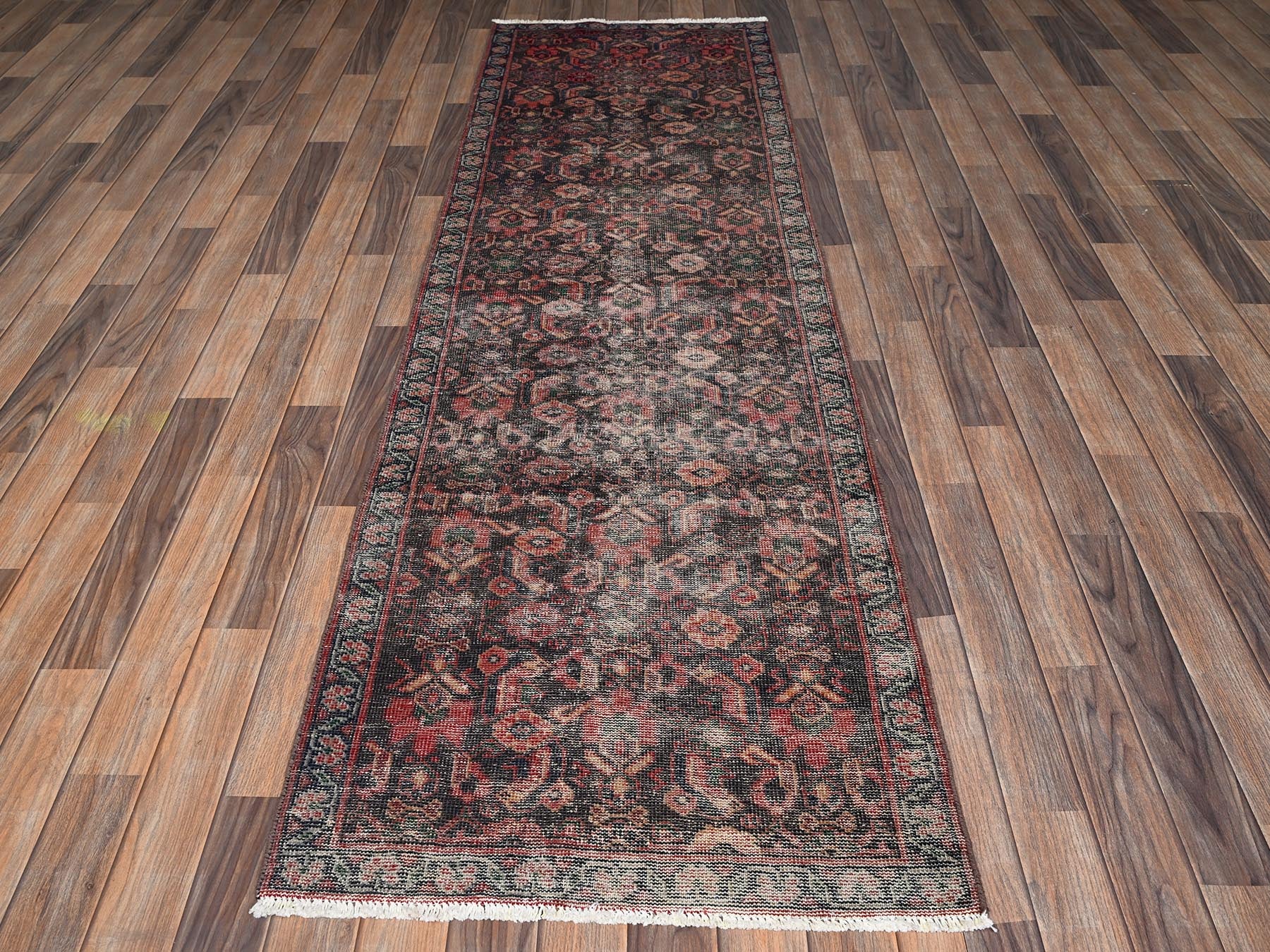 Vintage hand-knotted wool runner in Brown, 2'7" x 8'7" — SKU O02203 (view 2)