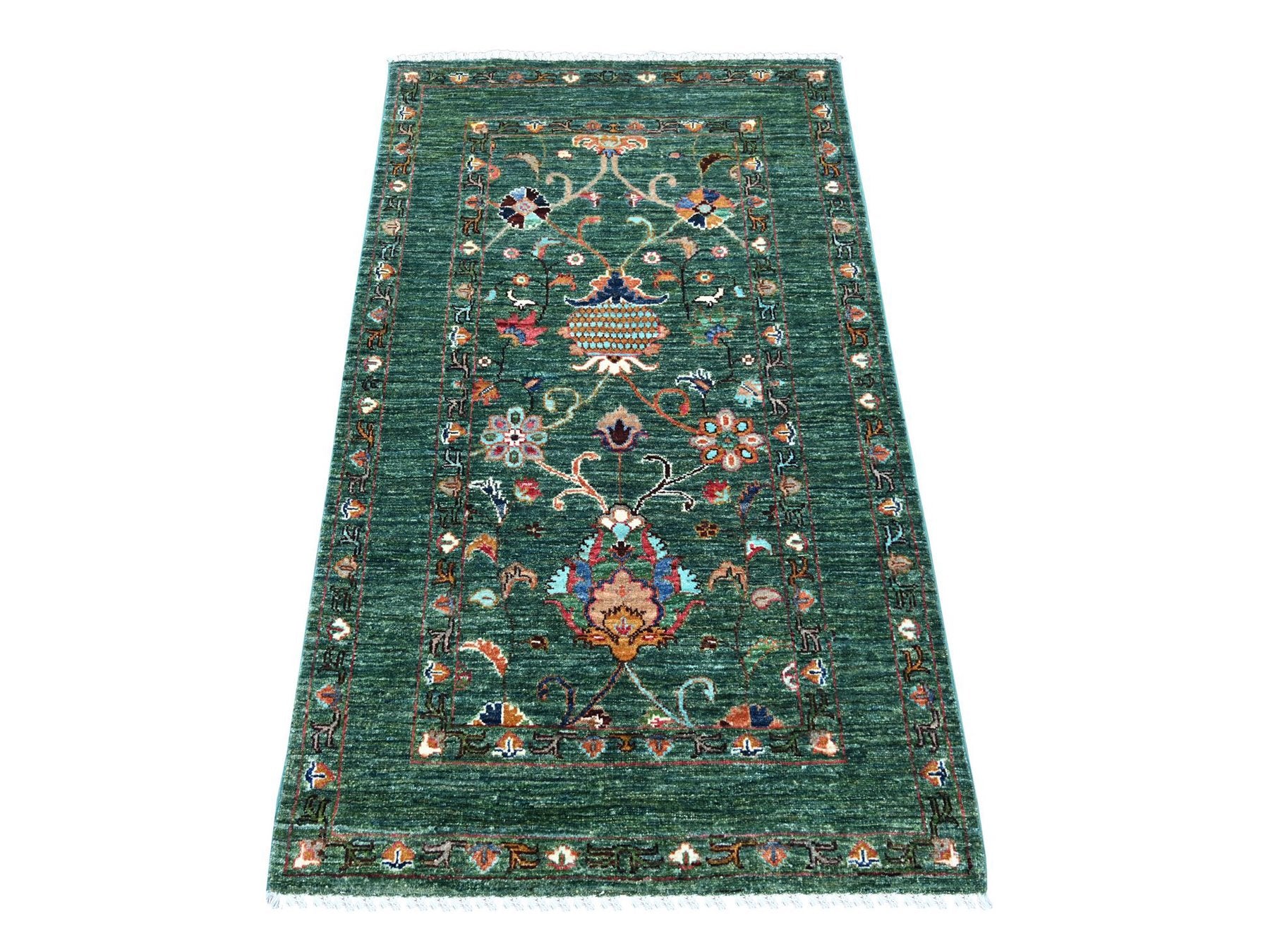 Green 2'11" x 4'11" Tribal & Geometric Hand knotted Wool Rug - Sku: O022041