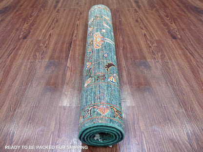 Green 2'11" x 4'11" Tribal & Geometric Hand knotted Wool Rug - Sku: O022041