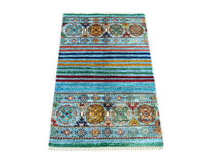 Blue 2'8" x 3'11" Tribal & Geometric Hand knotted Wool Rug - Sku: O022043