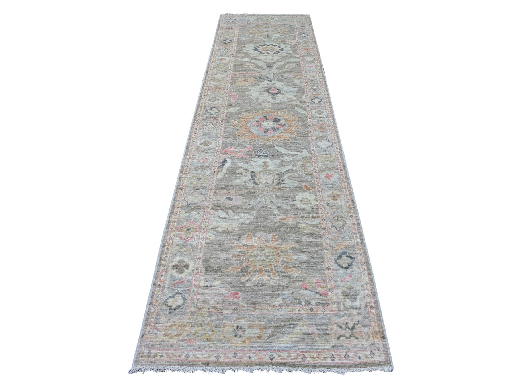 Brown 3'1" x 11'7" Oushak And Peshawar Hand knotted Wool Rug - Sku: O022054