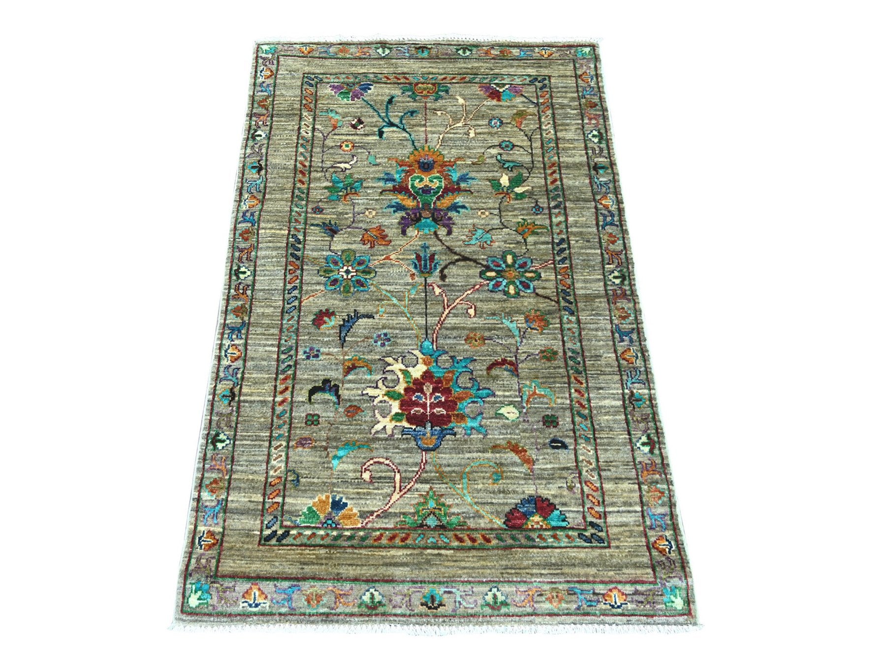 Grey 2'8" x 4'4" Tribal & Geometric Hand knotted Wool Rug - Sku: O022064