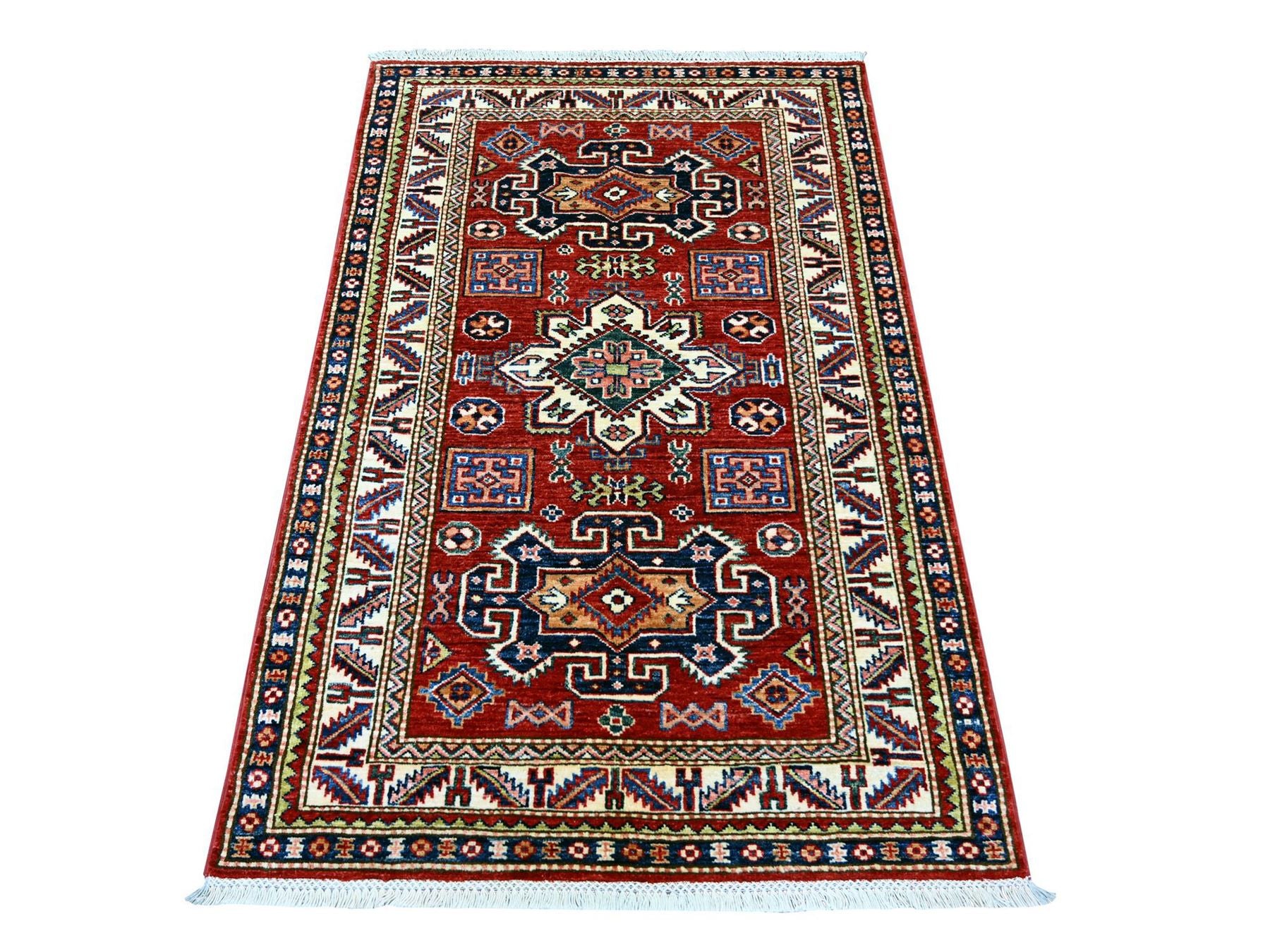 Kazak Tribal & Geometric hand-knotted wool rug in Red & Ivory, 3'3" x 4'11" — SKU O022082