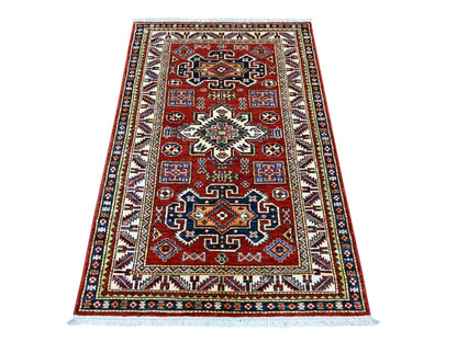 Kazak Tribal & Geometric hand-knotted wool rug in Red & Ivory, 3'3" x 4'11" — SKU O022082