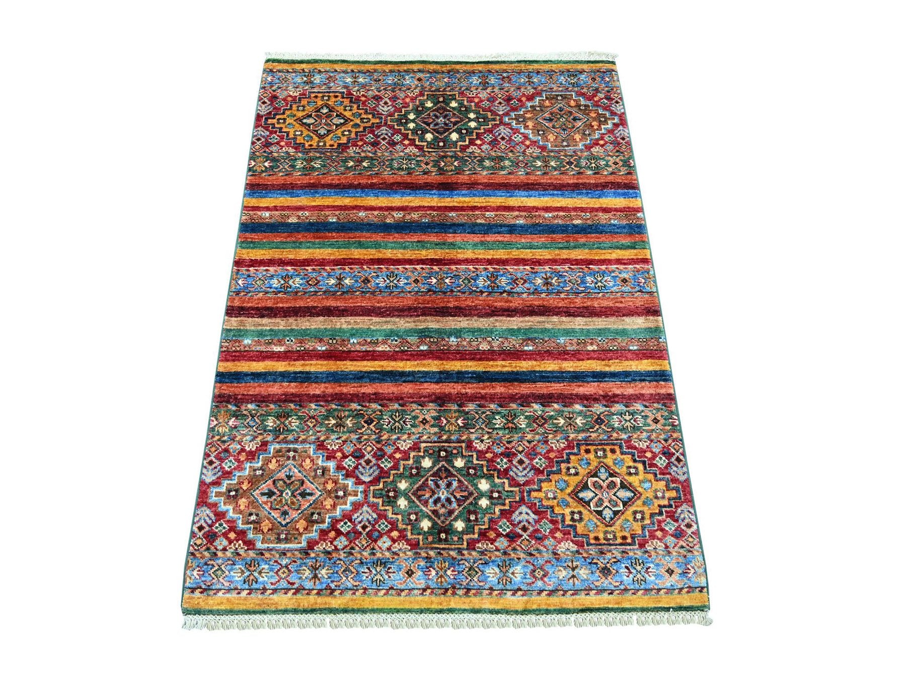 Multicolored 3'2" x 4'6" Tribal & Geometric Hand knotted Wool Rug - Sku: O022083