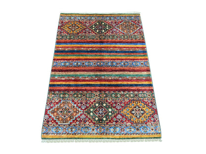 Multicolored 3'2" x 4'6" Tribal & Geometric Hand knotted Wool Rug - Sku: O022083
