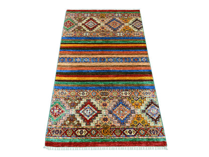 Multicolored 3'0" x 5'0" Tribal & Geometric Hand knotted Wool Rug - Sku: O022087