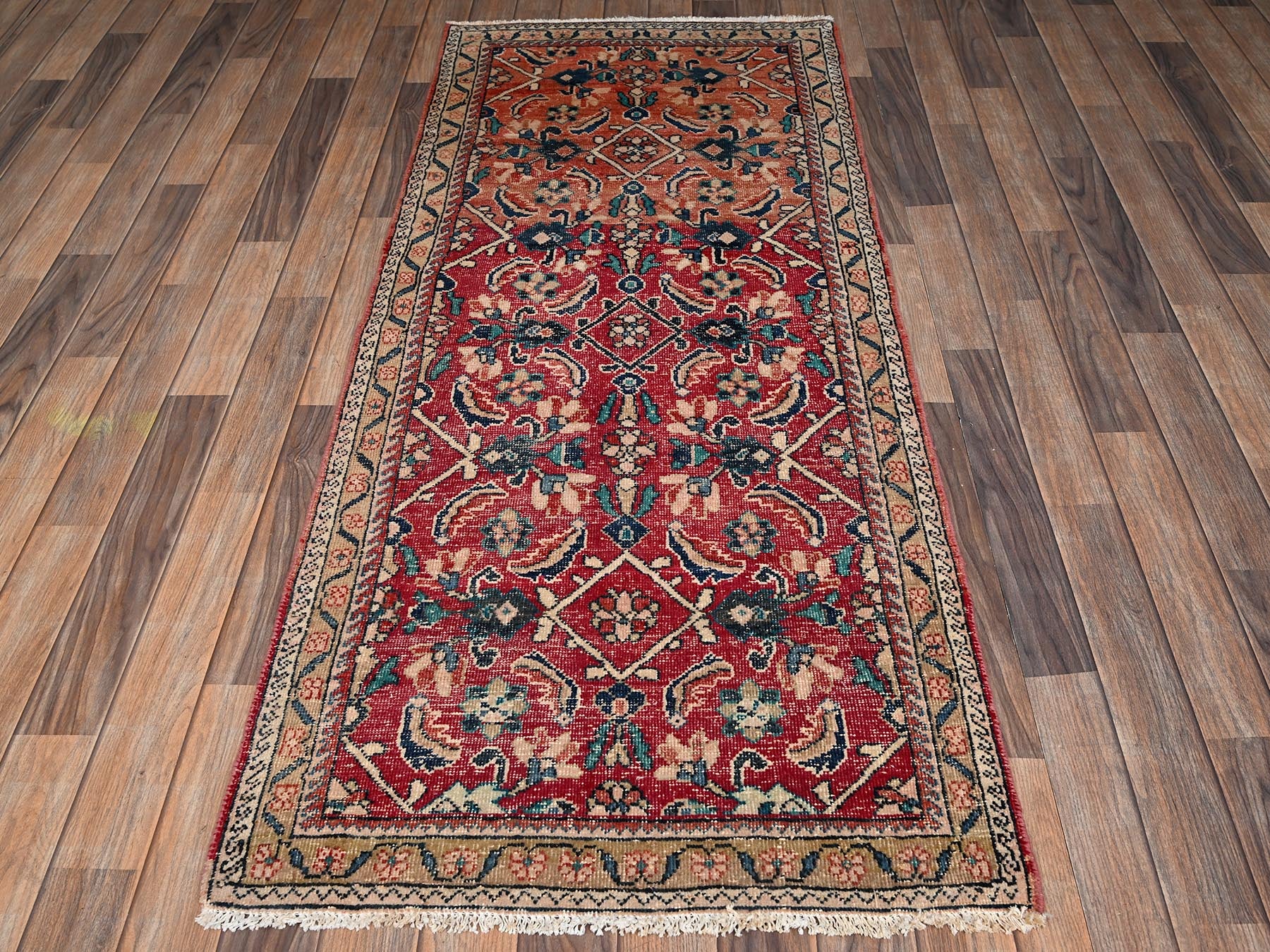 Vintage hand-knotted wool runner in Red & Brown, 2'9" x 6'6" — SKU O02209 (view 2)