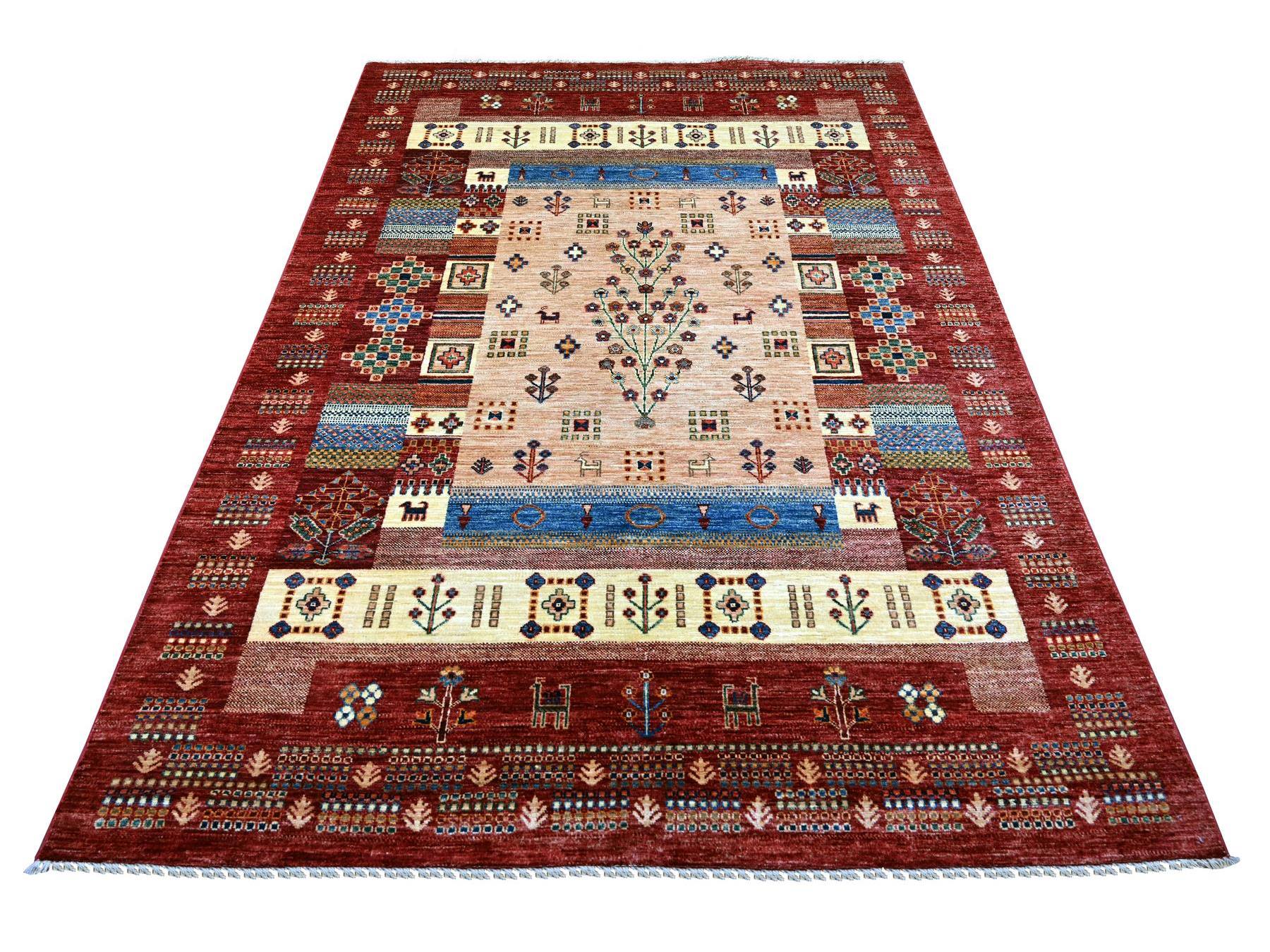 Gabbeh Tribal & Geometric hand-knotted wool rug in Red, 5'8" x 7'11" — SKU O022125