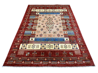 Gabbeh Tribal & Geometric hand-knotted wool rug in Red, 5'8" x 7'11" — SKU O022125
