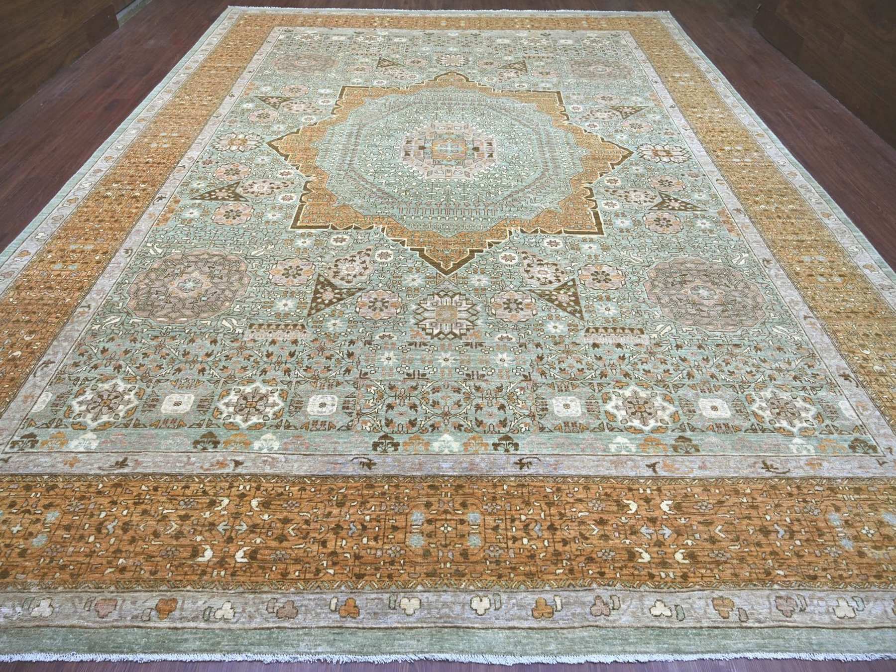 Green 12'1" x 15'6" Mamluk Hand knotted Wool Rug - Sku: O022140