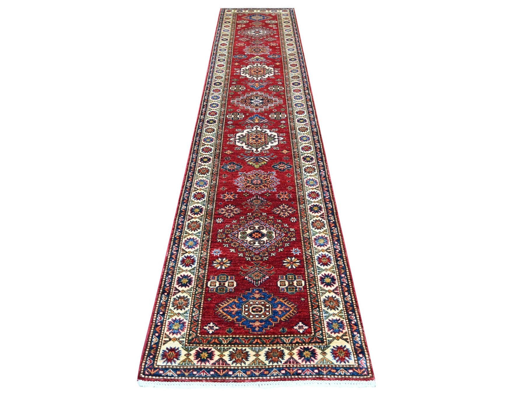 Kazak Tribal & Geometric hand-knotted wool runner in Red & Ivory, 2'7" x 12'11" — SKU O022141