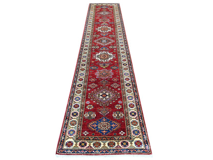 Kazak Tribal & Geometric hand-knotted wool runner in Red & Ivory, 2'7" x 12'11" — SKU O022141