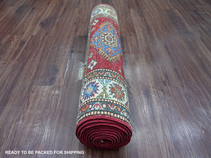 Kazak Tribal & Geometric hand-knotted wool runner in Red & Ivory, 2'7" x 12'11" — SKU O022141 (view 4)