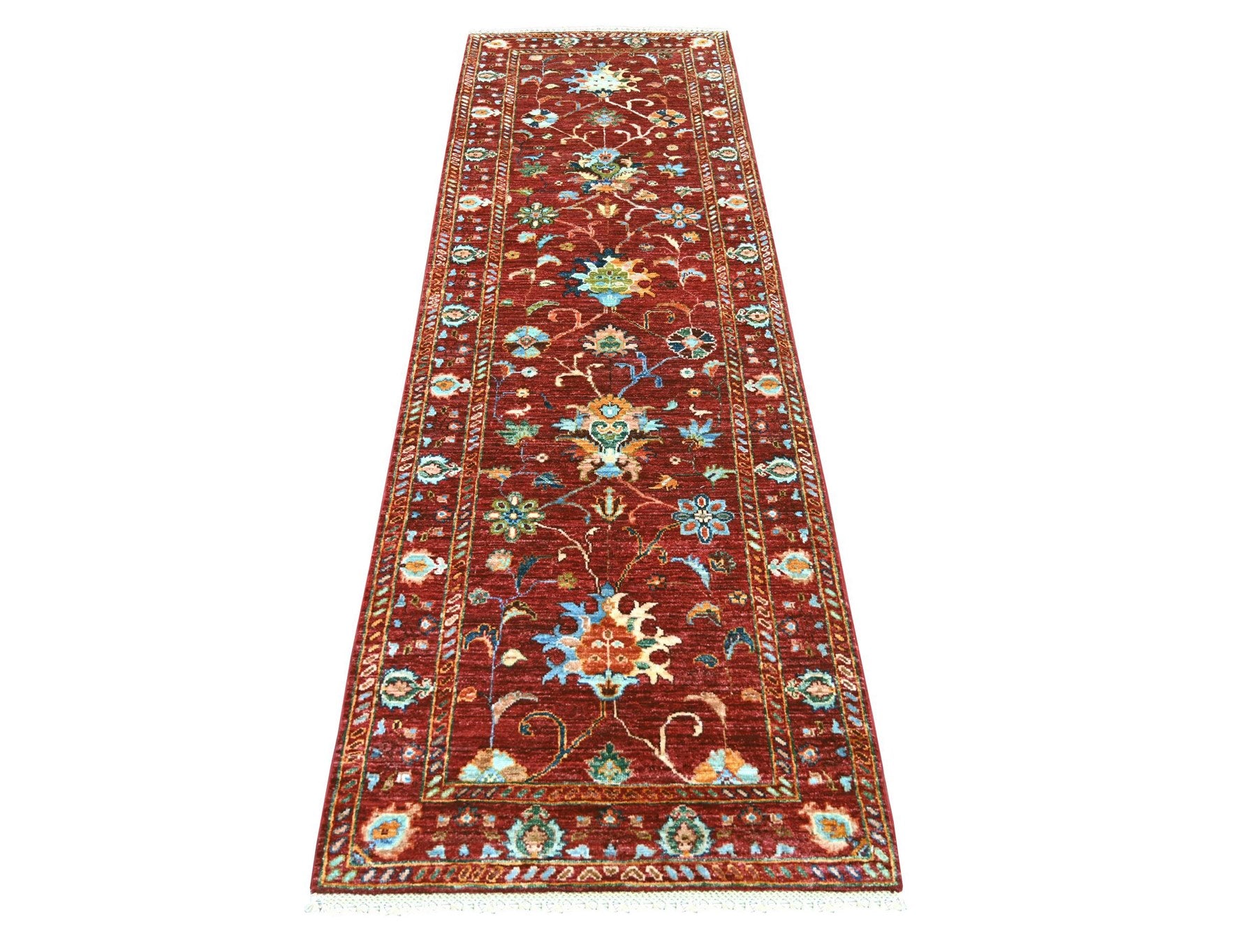 Tribal & Geometric hand-knotted wool runner in Red & Rust Red, 2'8" x 8'4" — SKU O022145