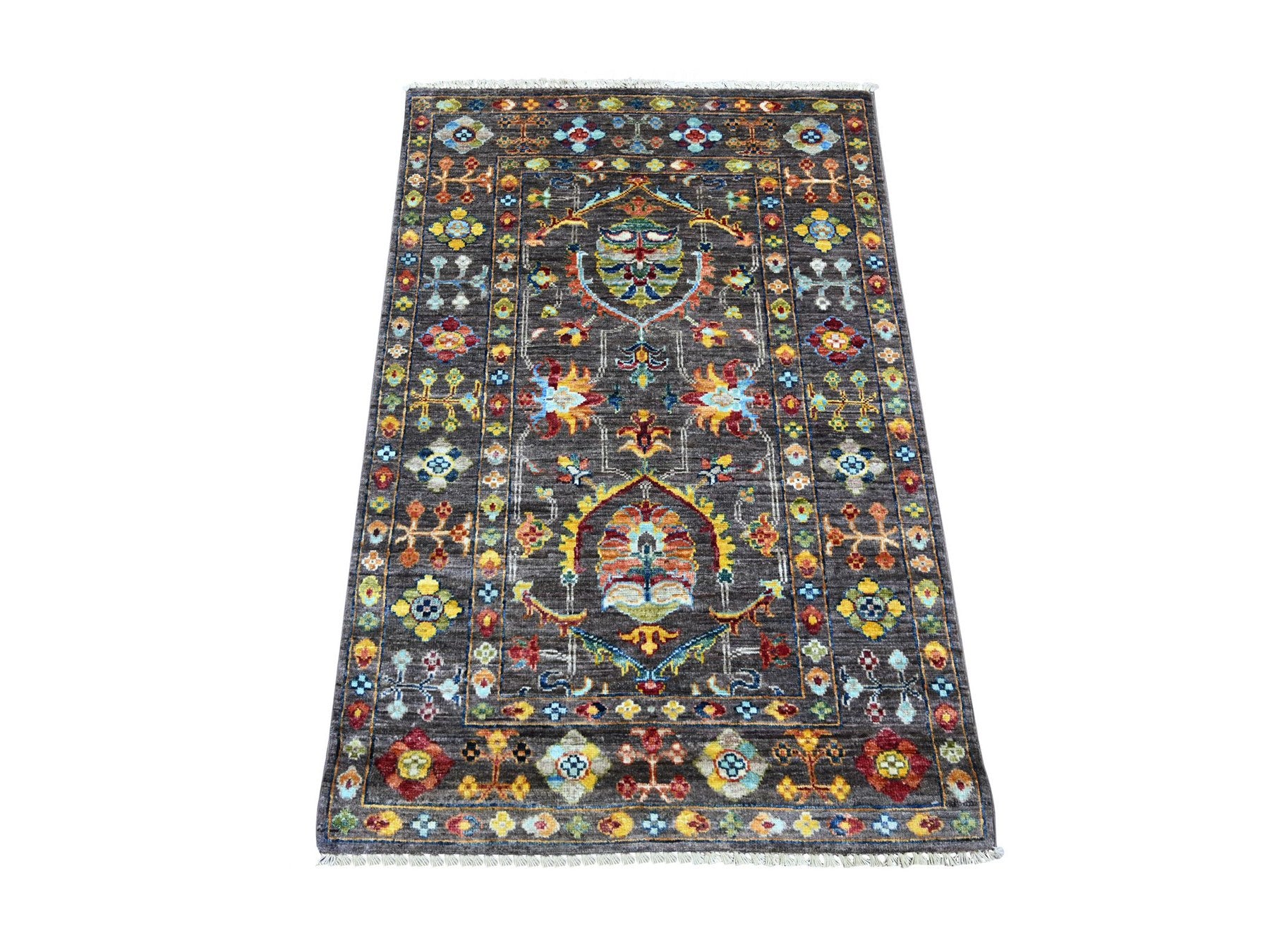 Tribal & Geometric hand-knotted wool rug in Green & Stone Gray, 2'8" x 4' — SKU O022147