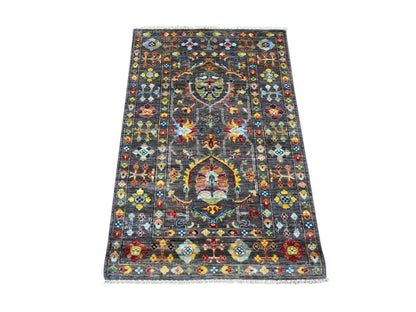 Tribal & Geometric hand-knotted wool rug in Green & Stone Gray, 2'8" x 4' — SKU O022147