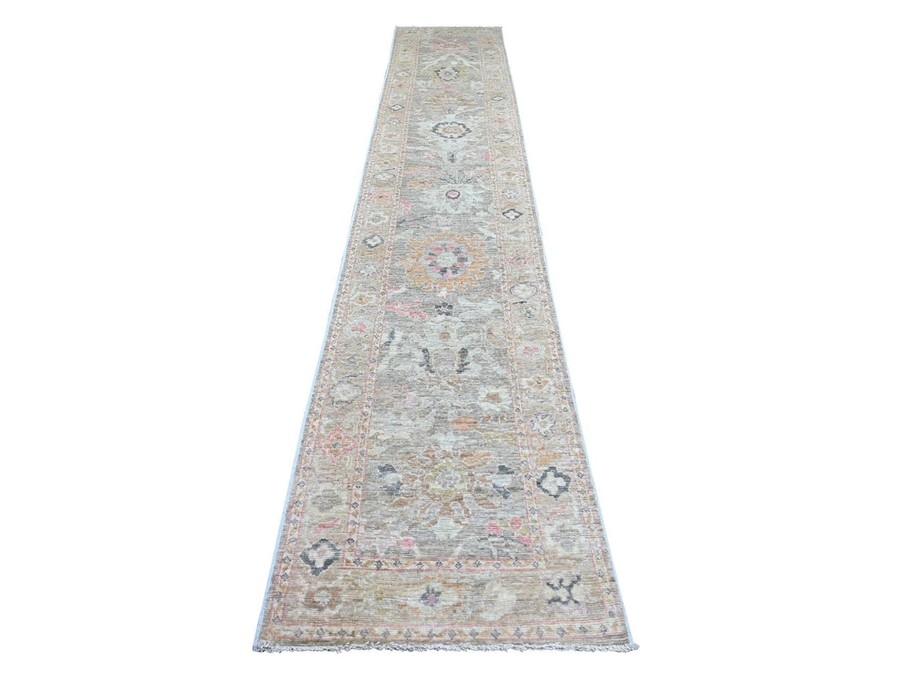 Grey 2'8" x 15'3" Oushak And Peshawar Hand knotted Wool Rug - Sku: O022155