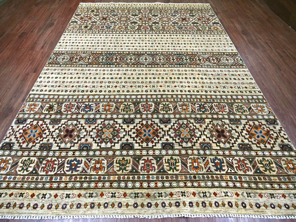 Kazak Tribal & Geometric hand-knotted wool rug in Ivory, 8'1" x 11'3" — SKU O022175 (view 2)