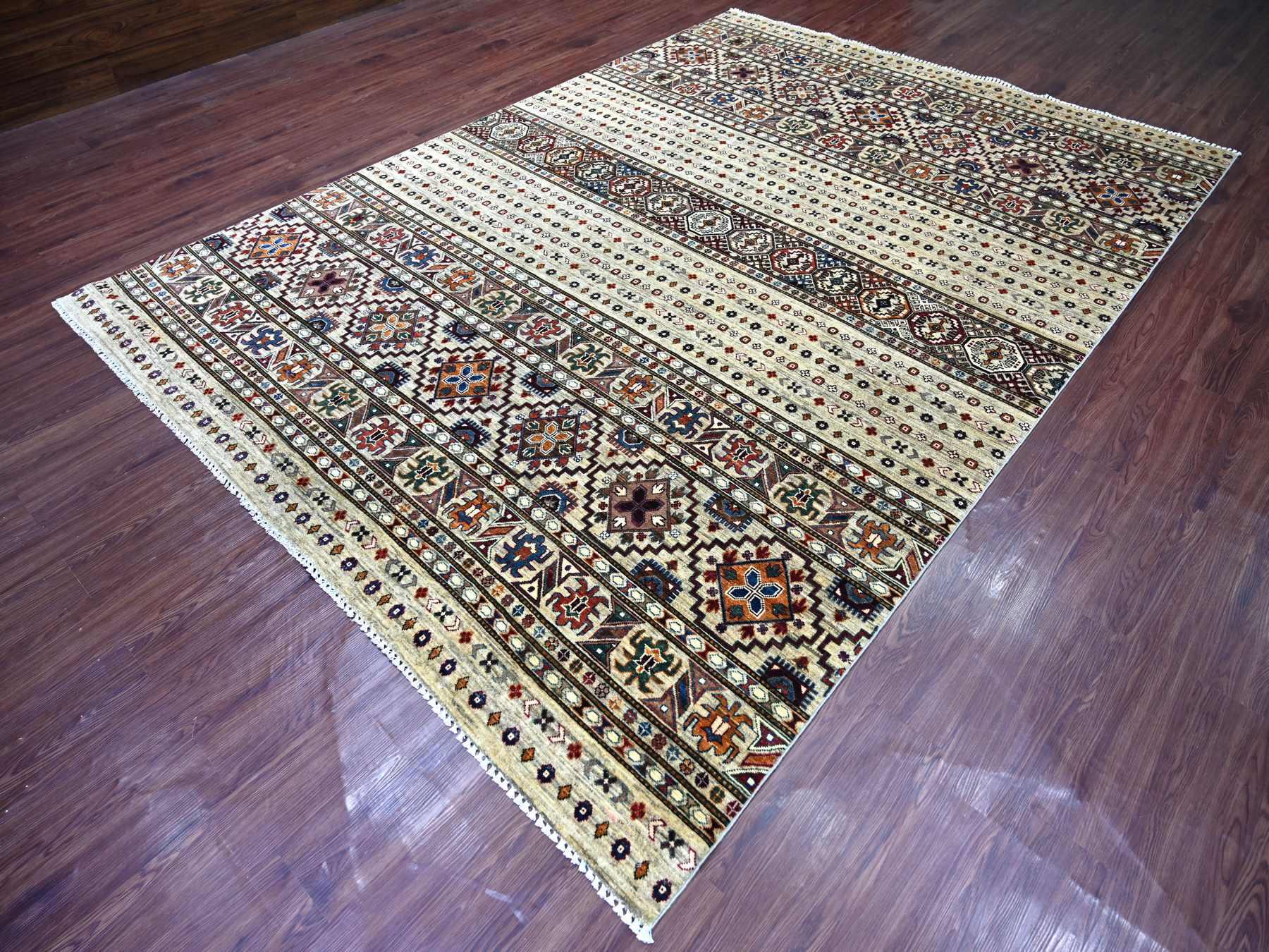 Kazak Tribal & Geometric hand-knotted wool rug in Ivory, 8'1" x 11'3" — SKU O022175 (view 3)