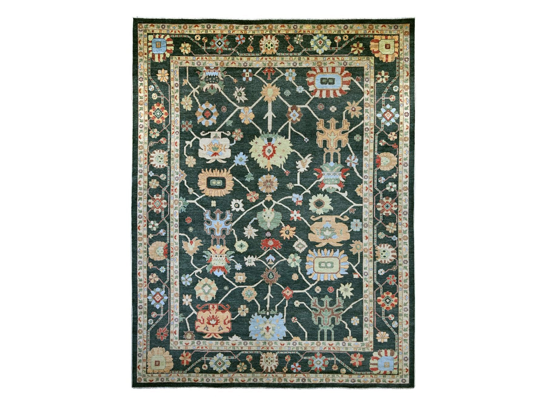Green 12'1" x 15'7" Oushak And Peshawar Hand knotted Wool Rug - Sku: O022184