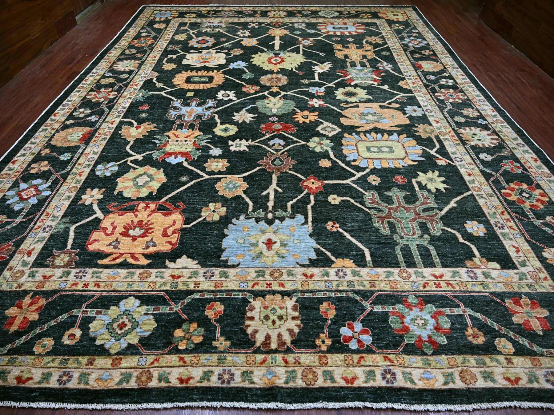 Green 12'1" x 15'7" Oushak And Peshawar Hand knotted Wool Rug - Sku: O022184