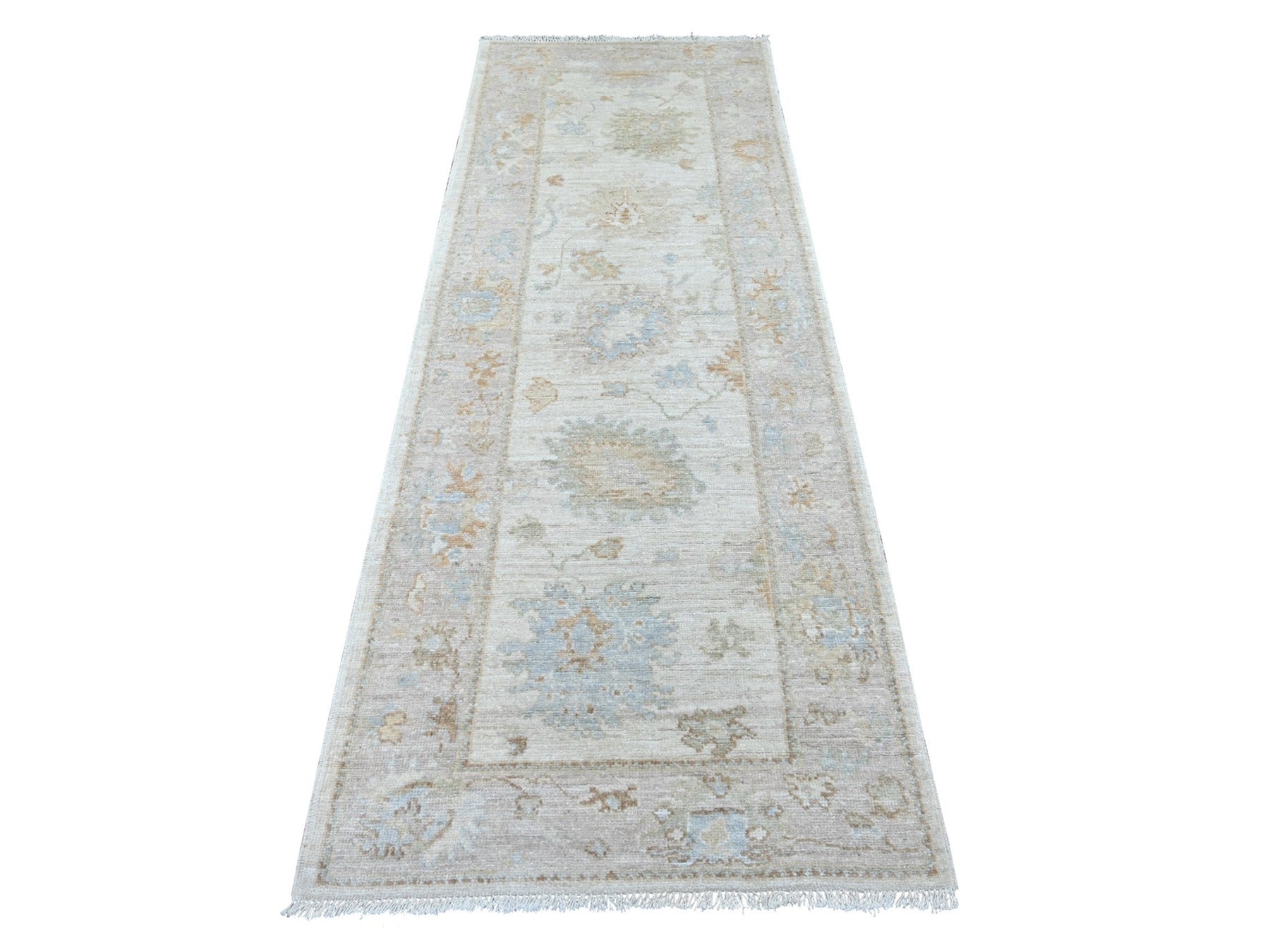 Grey 2'11" x 7'11" Oushak And Peshawar Hand knotted Wool Rug - Sku: O022191